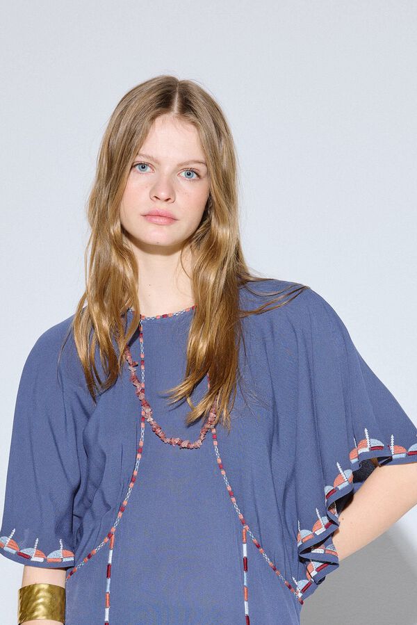 Slowlove Vestido manga capa bordado Azul marino