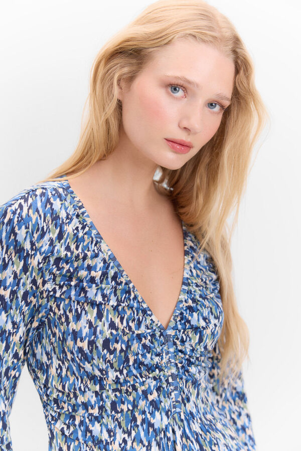 Cortefiel Vestido fruncido estampado Estampado azul