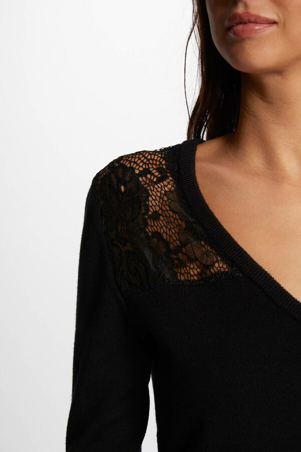 Morgan Jersey escote en V y encaje Negro