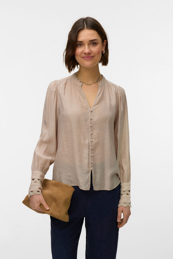 Vero Moda Camisa de manga larga detalles calados Beige