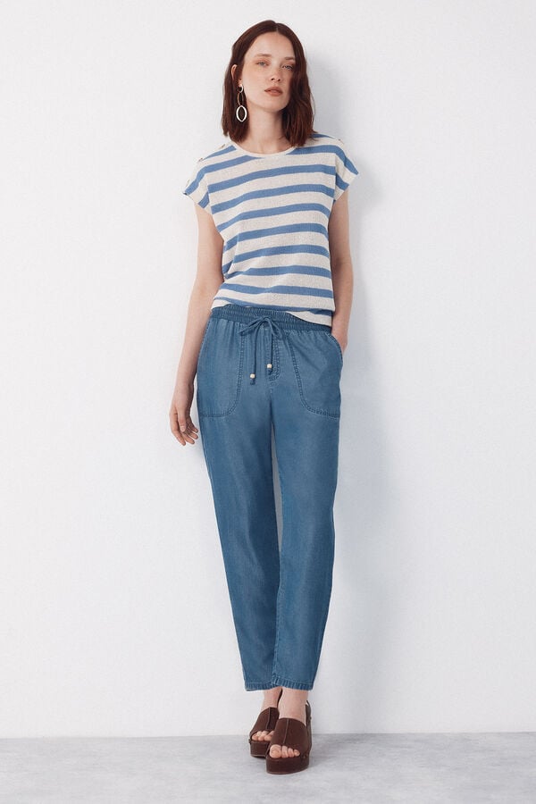Cortefiel Pantalones Fluidos Tencel Azul