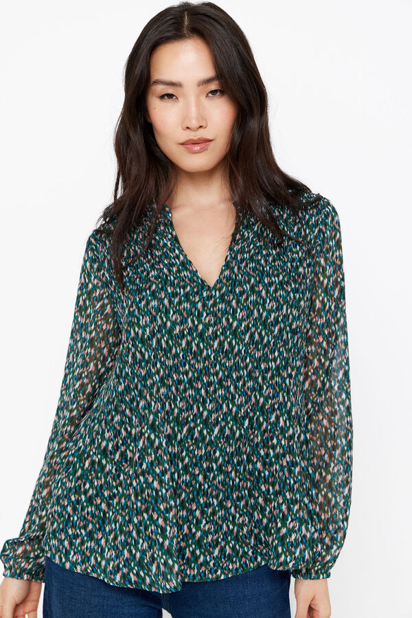 Cortefiel Blusa plisada cuello redondo Estampado verde