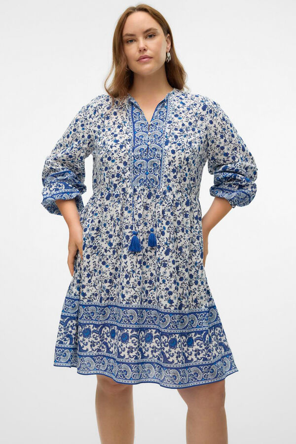 Vero Moda Curve Vestido corto de manga larga abullonada talla grande Estampado blanco