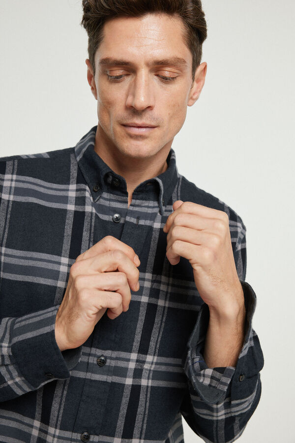 Jack & Jones Camisa sarja quadrados comfort fit 100% algod&atilde;o Preto