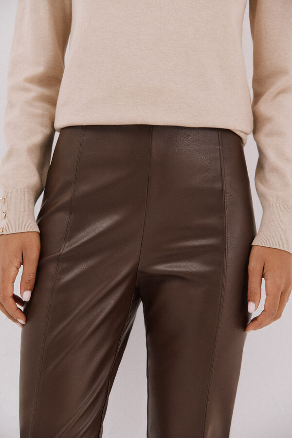 Cortefiel Leggings femininas de polipele sint&eacute;tico el&aacute;stico Castanho