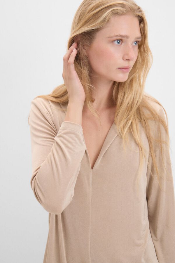 Cortefiel Camisola manga comprida crep&eacute; Castanho