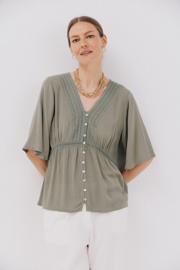 Cortefiel Blusa encaje volantes Kaki