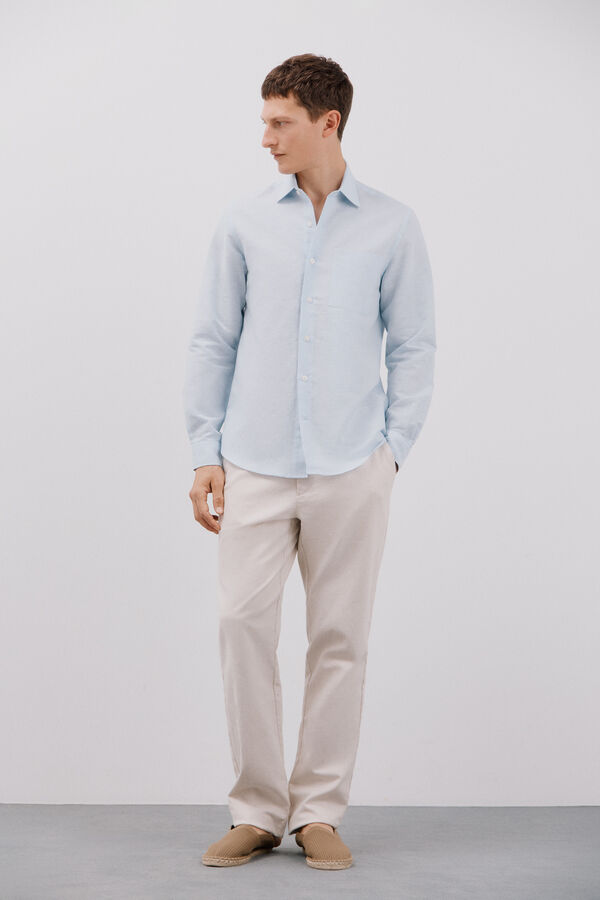 Cortefiel Camisa linho algod&atilde;o liso Azul