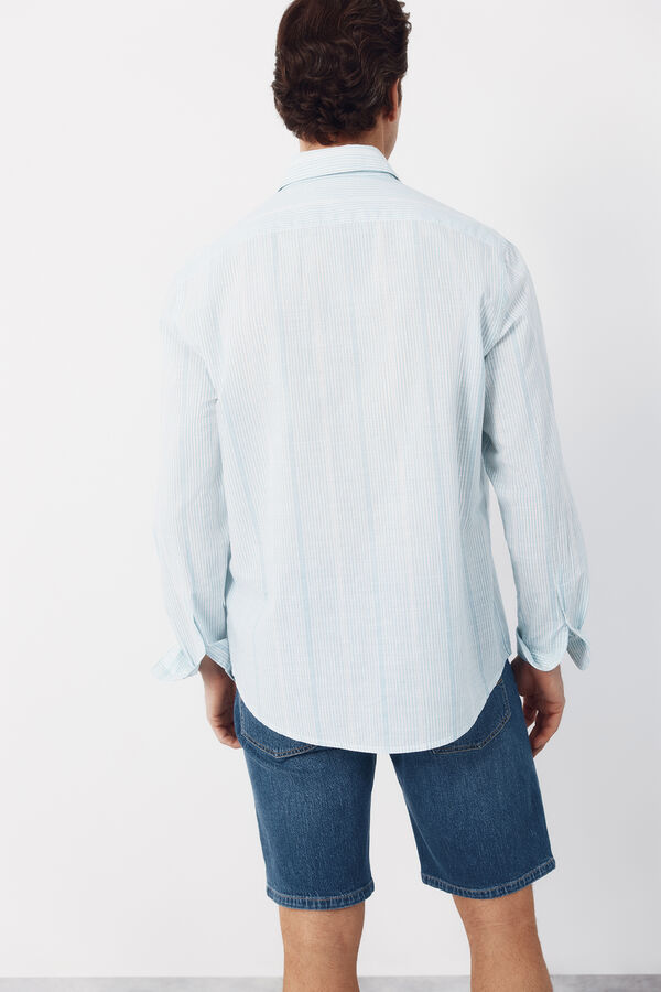 Cortefiel Camisa de riscas em algod&atilde;o slub Azul