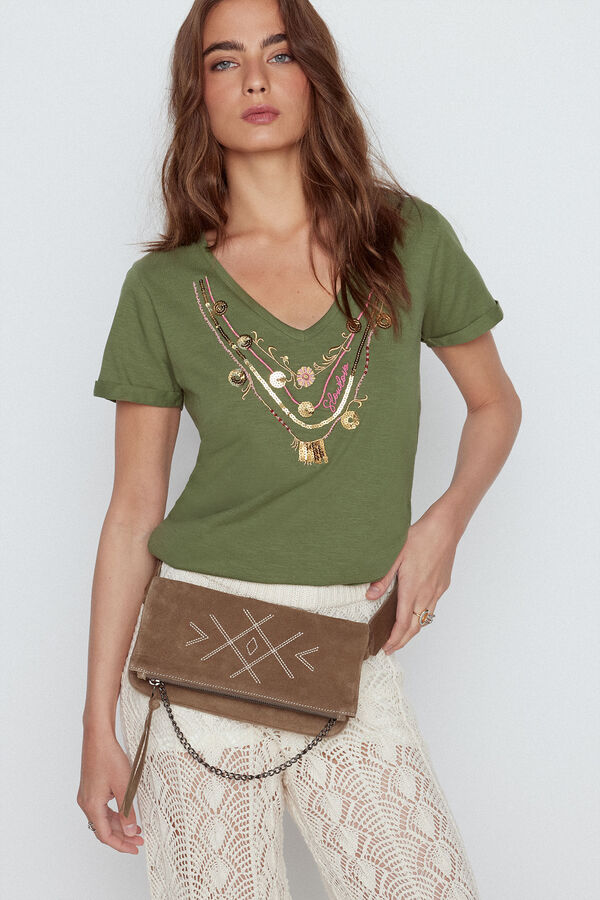 Slowlove T-shirt colar bordado Verde
