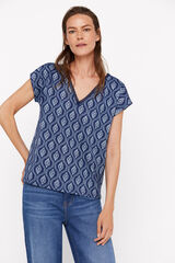 Cortefiel Camiseta pico detalle puntilla Estampado azul