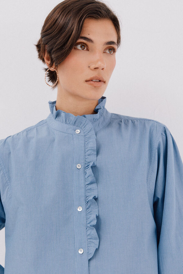 Cortefiel Blusa rayas cuello volantes Azul