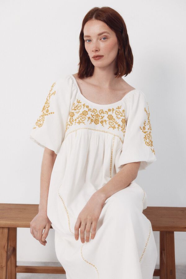 Cortefiel Vestido Bordado Blanco