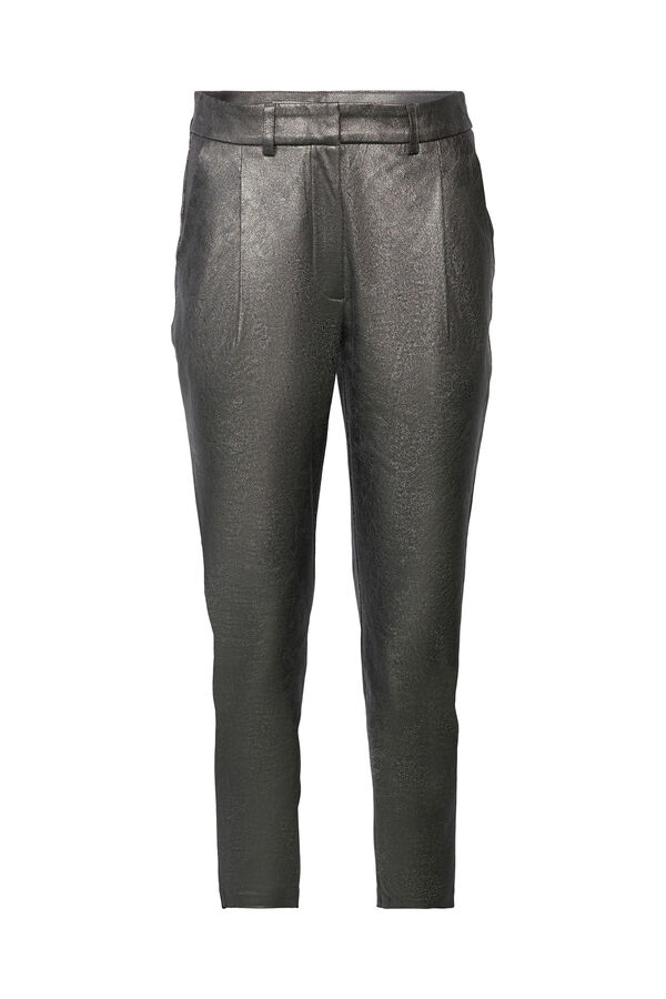 Esprit Calças com pinças metalizadas em efeito pele Cinzento