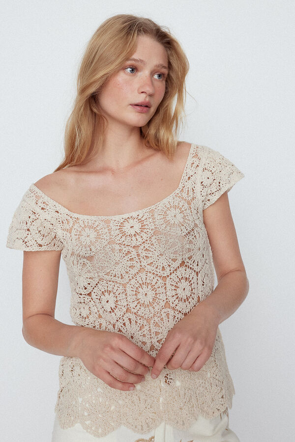 Slowlove Camiseta crop crochet Marfil