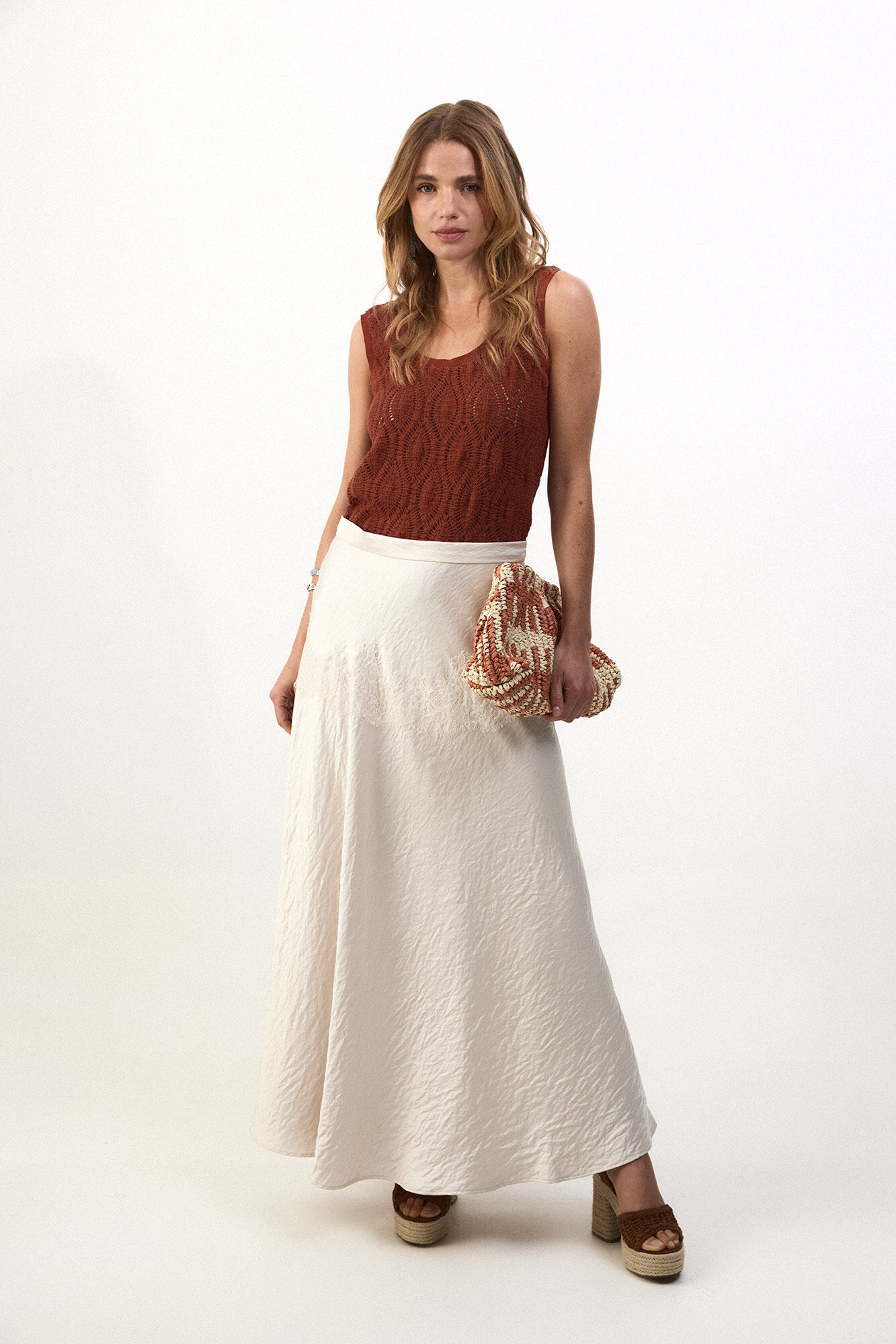 Slowlove Falda midi satinada con encaje