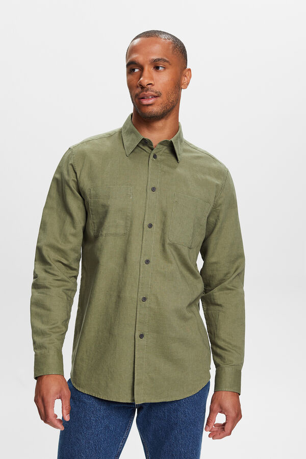 Esprit Camisa básica regular fit con lino Kaki