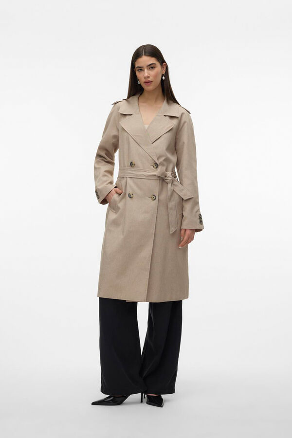 Vero Moda Gabardina largo midi con cintur&oacute;n Marr&oacute;n