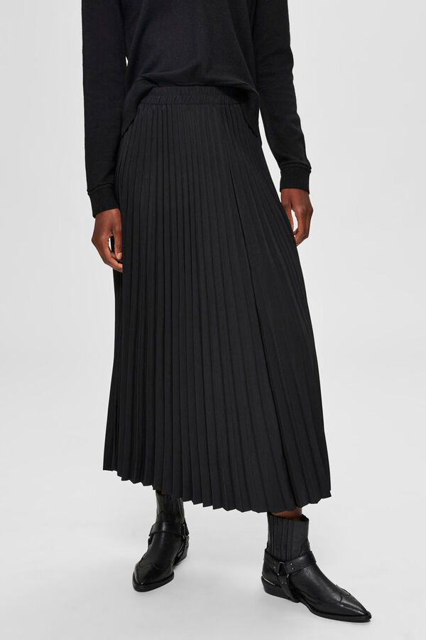 Selected Falda midi plisada con cintura el&aacute;stica Negro