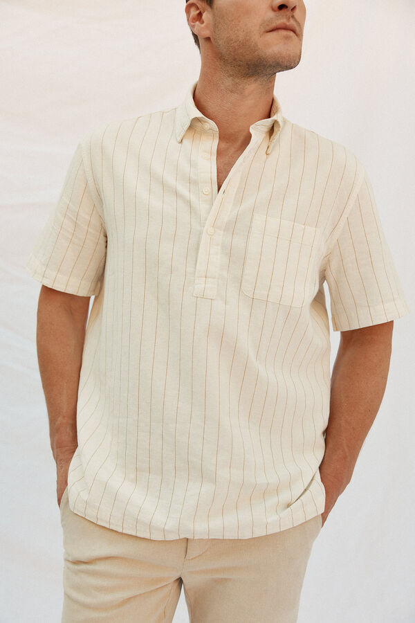 Cortefiel Camiseta riscas de algod&atilde;o e linho de manga curta Ecru