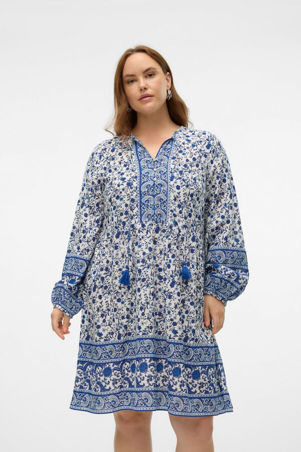 Vero Moda Curve Vestido corto de manga larga abullonada talla grande Estampado blanco