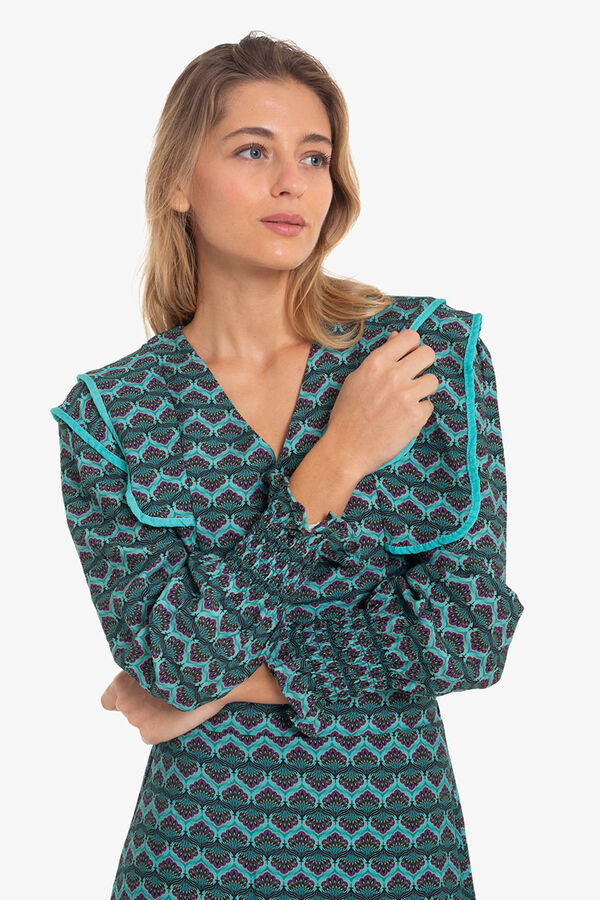 Cupl&eacute; Top cropped com lapela e estampado geom&eacute;trica Azul