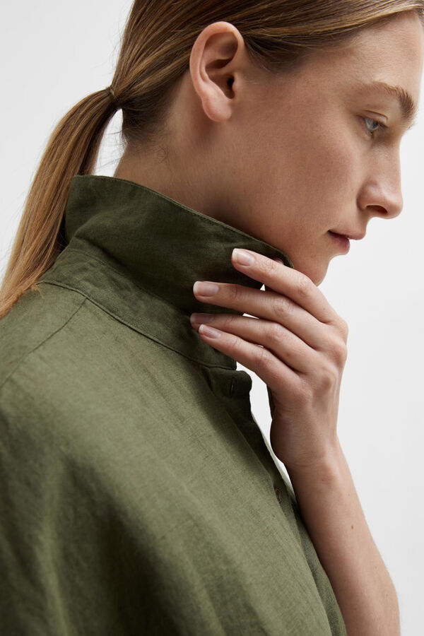 Selected Femme Vestido camiseiro curto de linho com la&ccedil;o ajust&aacute;vel na cintura.  Verde