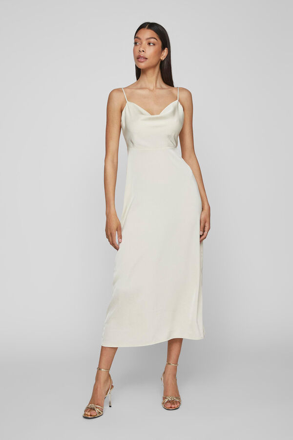 Vila Vestido largo satinado escote drapeado Beige