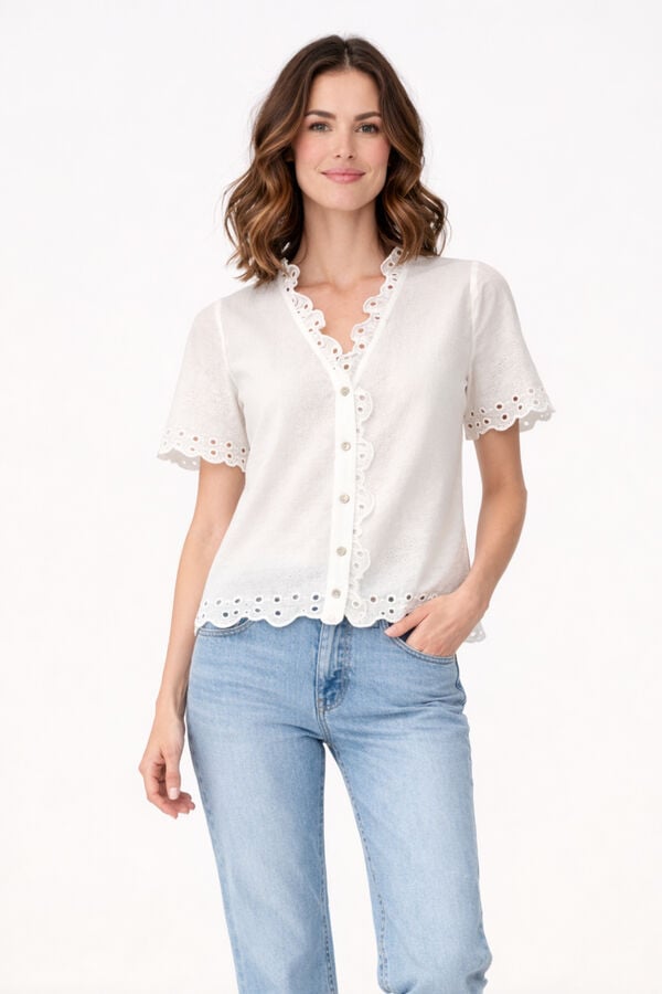 Vila Blusa em algod&atilde;o org&acirc;nico com renda inglesa Branco