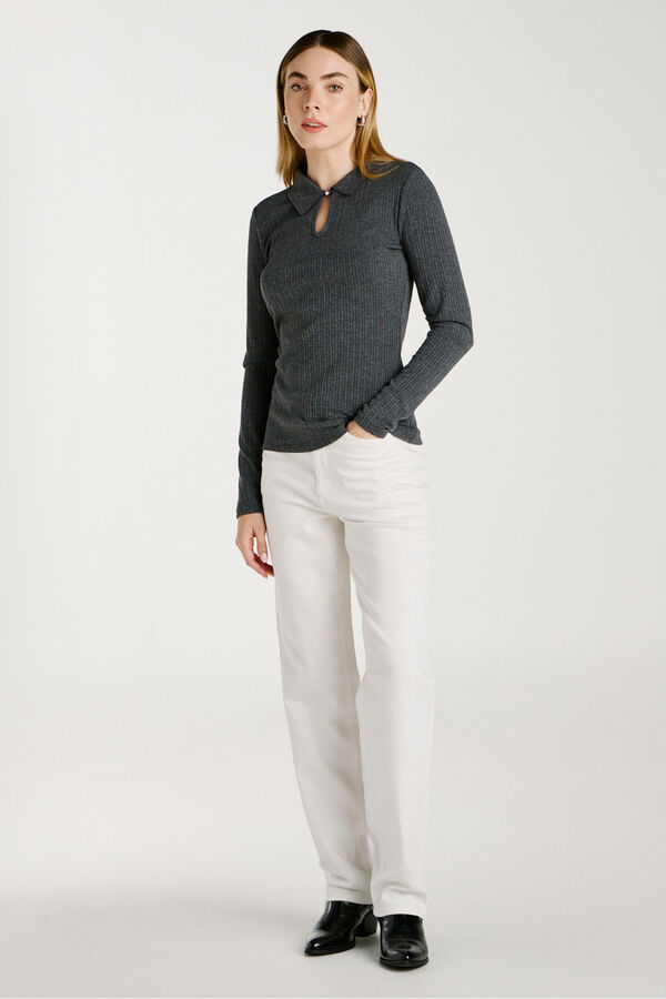 Vila Top de manga larga con cuello polo Gris