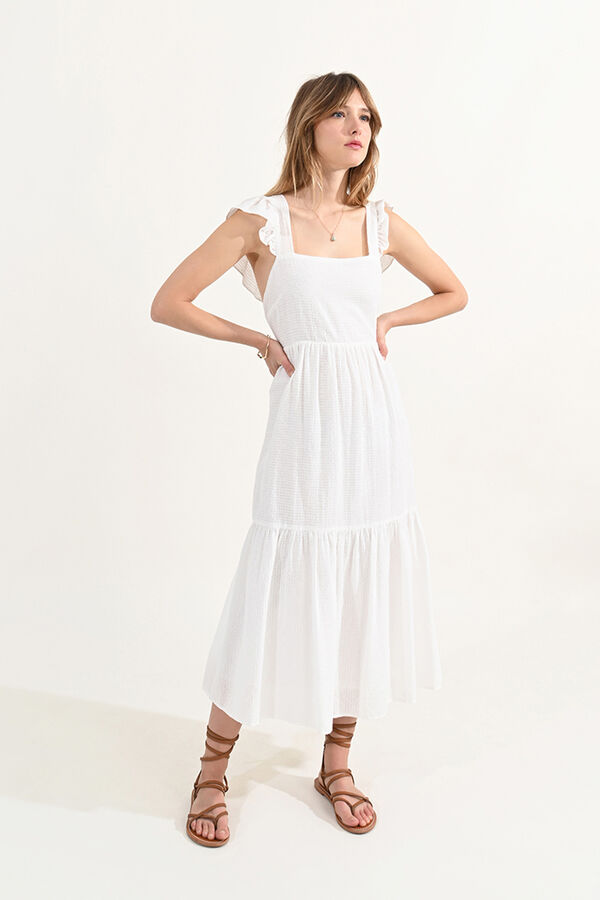 Molly Bracken Vestido comprido com folhos e costas descobertas Ecru