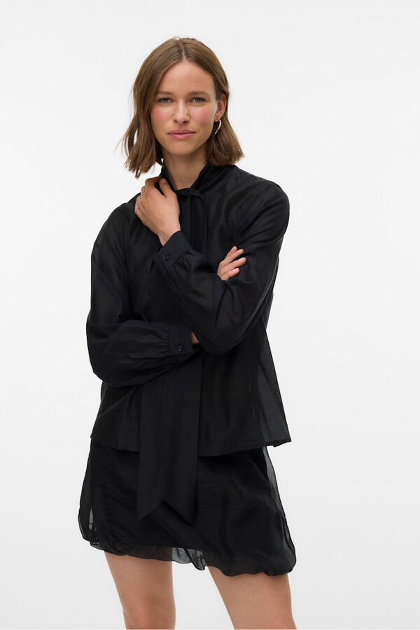 Vero Moda Blusa mujer de manga larga con lazo en el cuello Negro
