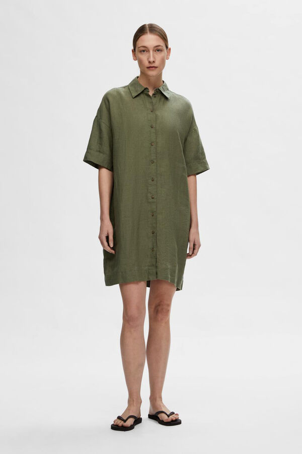 Selected Femme Vestido camiseiro curto de linho com la&ccedil;o ajust&aacute;vel na cintura.  Verde