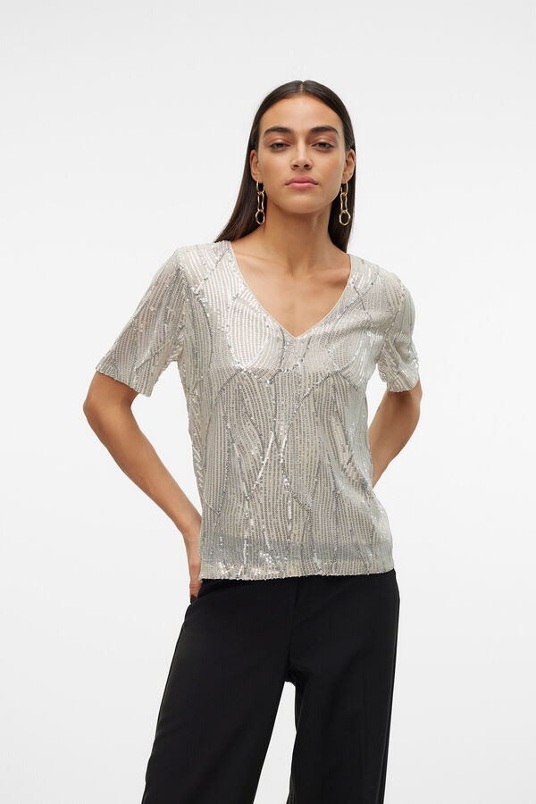 Vero Moda T-shirt manga curta lantejoulas Cinzento