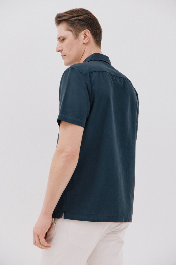 Cortefiel Camisa de manga curta de algod&atilde;o e linho simples Azul