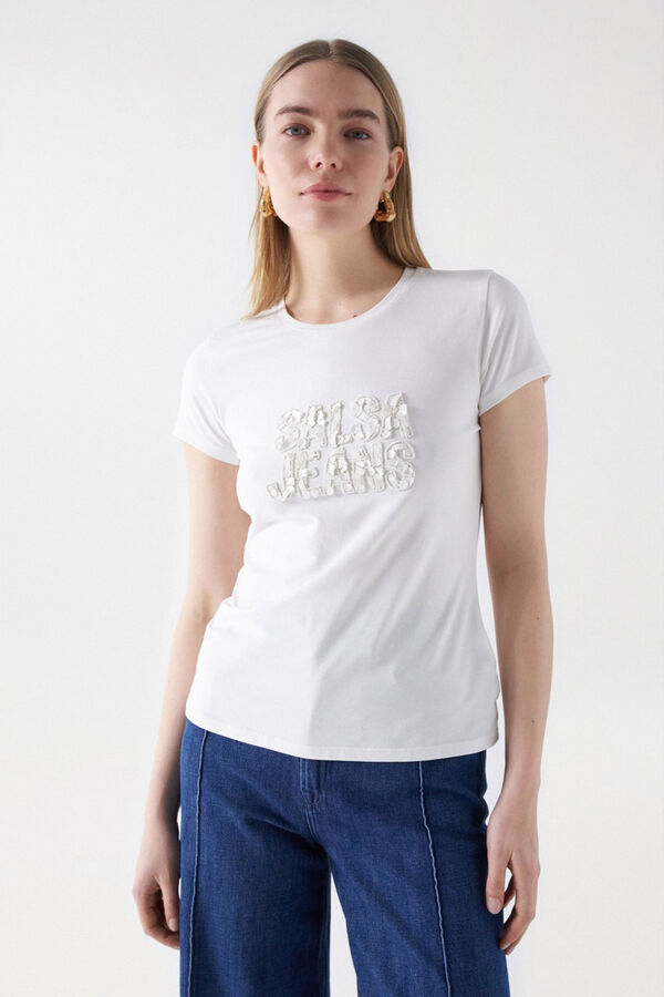 Salsa Jeans Camiseta logo lentejuelas Beige