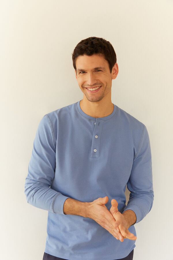 Cortefiel Camiseta manga larga con cuello de botones Azul