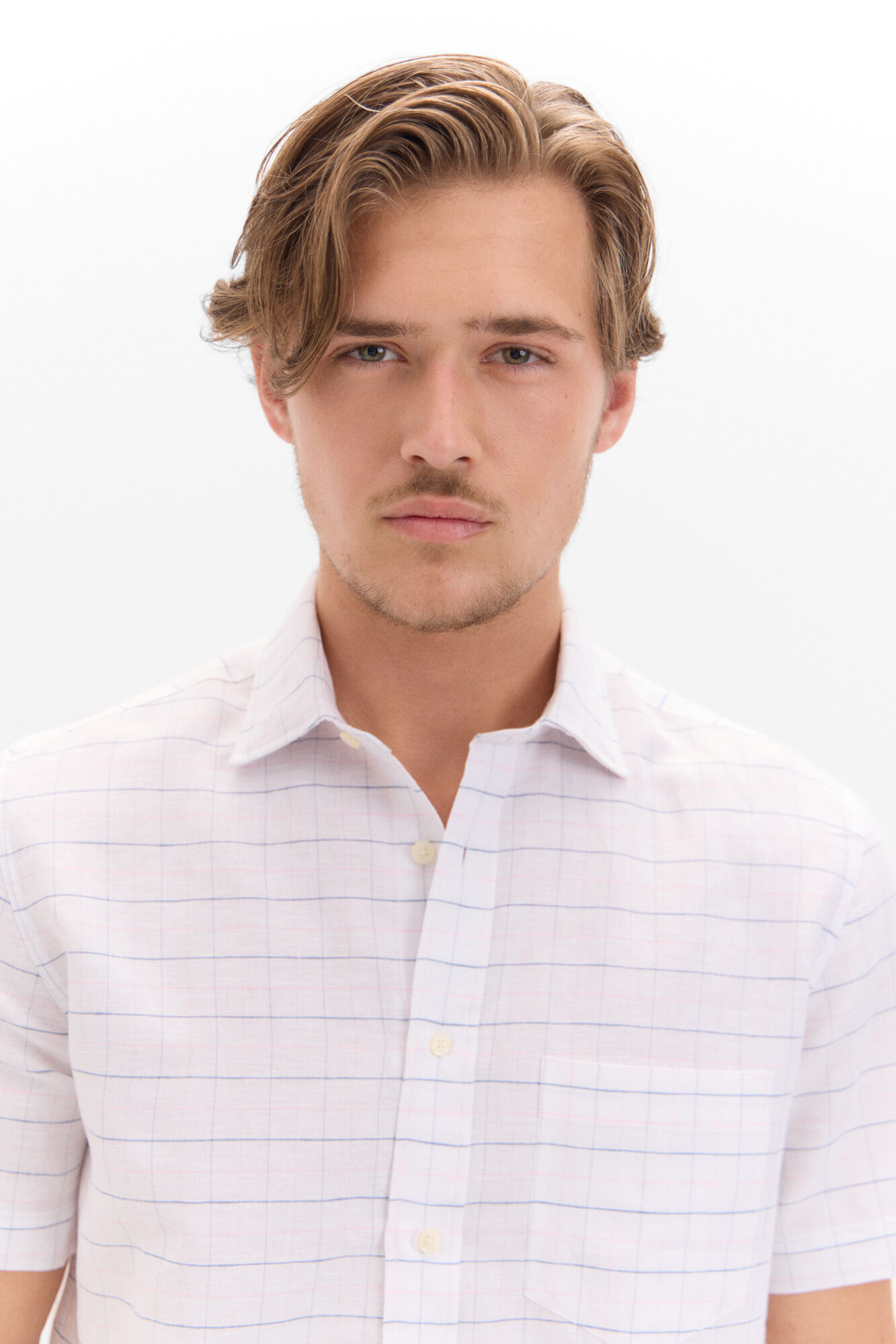Cortefiel Camisa linho algod&atilde;o quadros manga curta