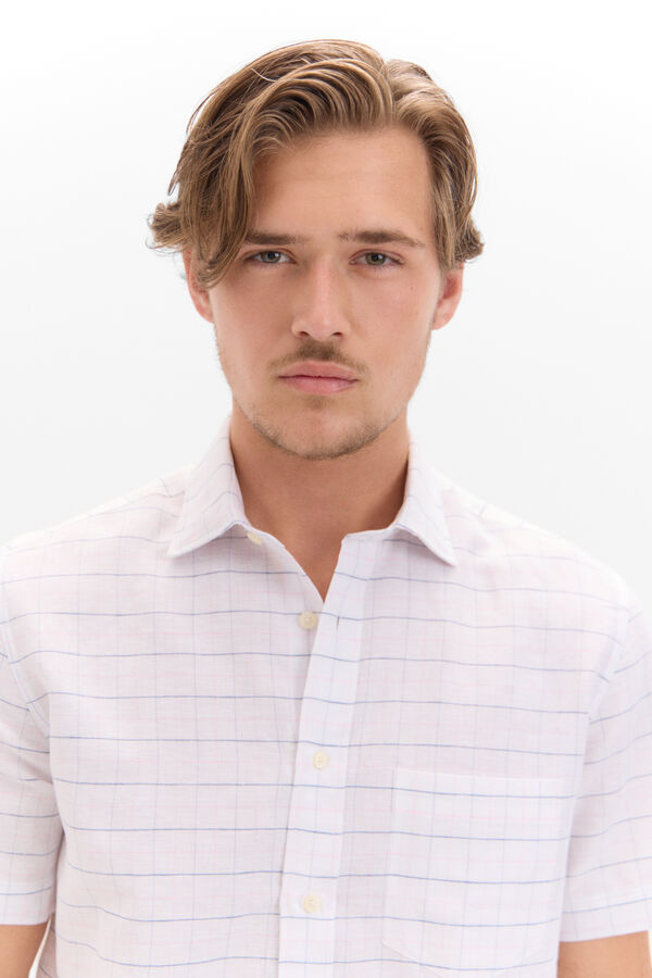 Cortefiel Camisa linho algod&atilde;o quadros manga curta Subiu