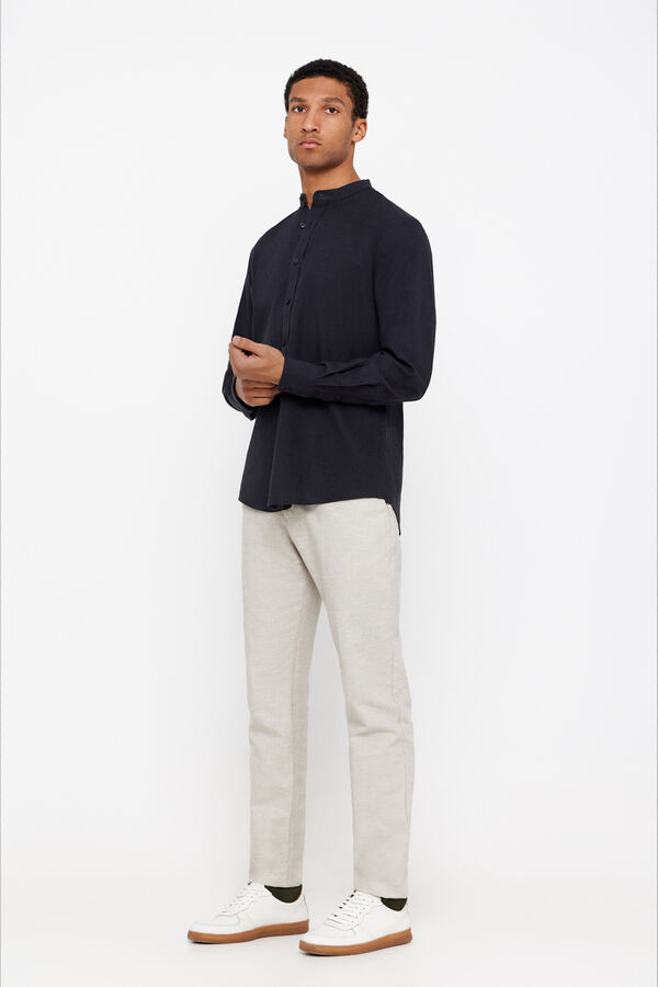 Cortefiel Camisa linho algod&atilde;o gola mao Preto