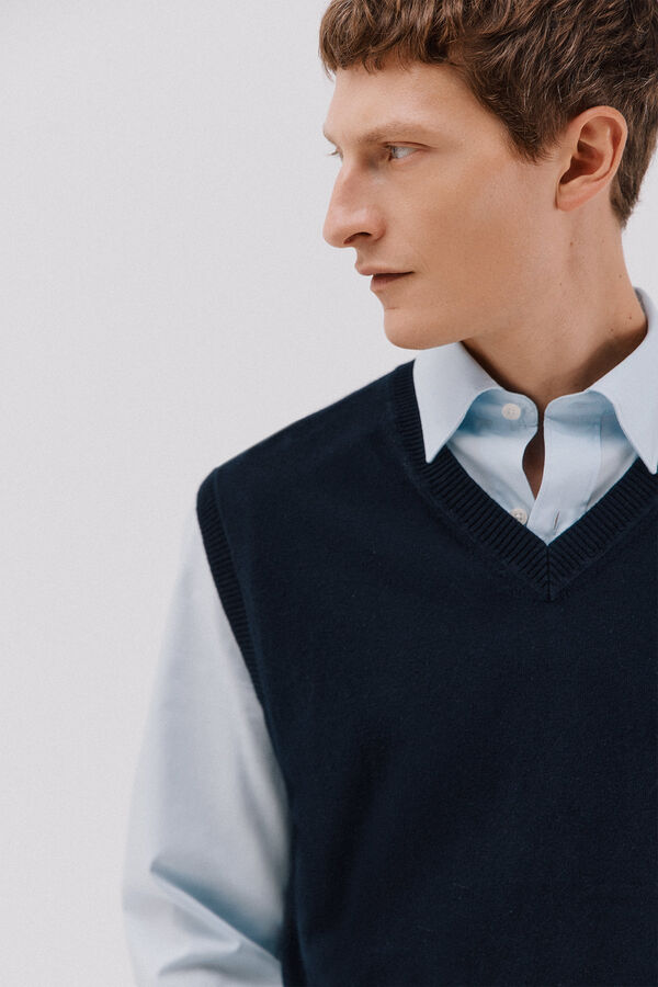 Cortefiel Chaleco punto algod&oacute;n cashmere cuello pico Azul marino