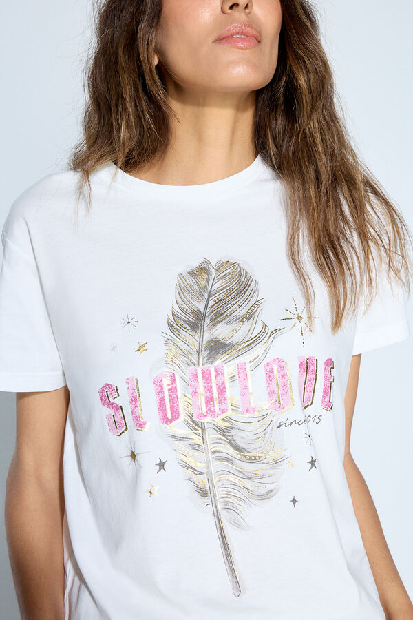 Slowlove Camiseta manga curta com estampado de pluma Branco