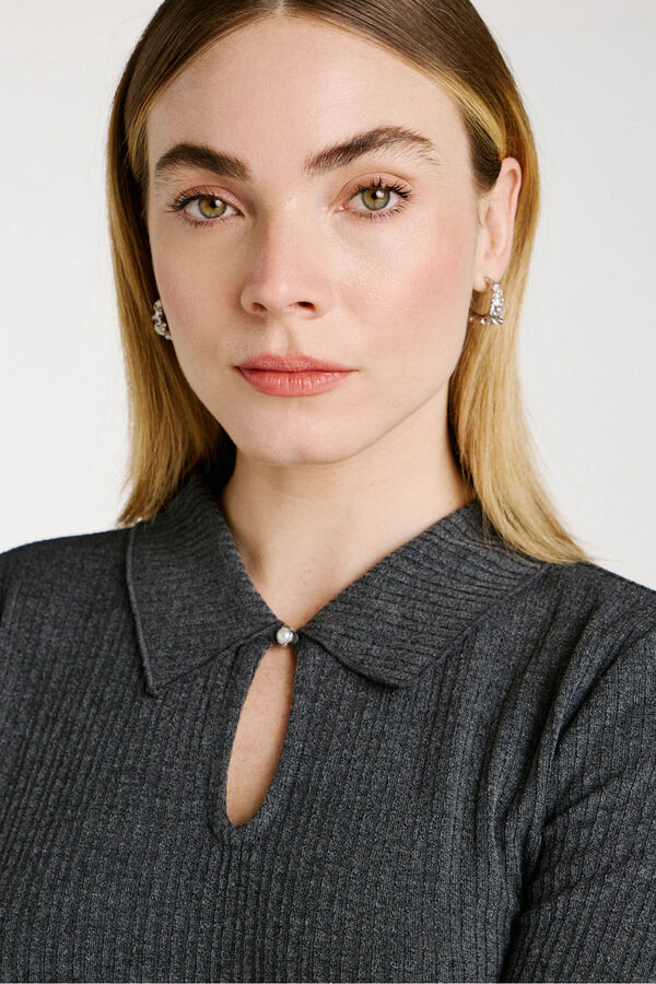 Vila Top de manga larga con cuello polo Gris