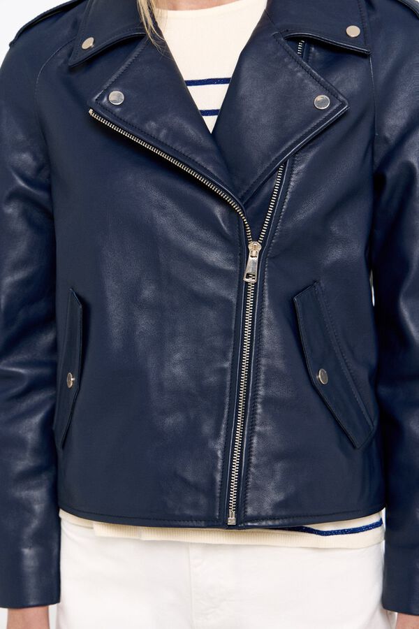 Cortefiel Cazadora piel biker corta Azul marino