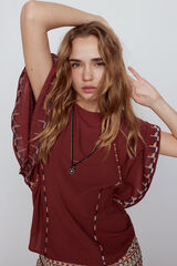 Slowlove Blusa bordada volante Marr&oacute;n oscuro