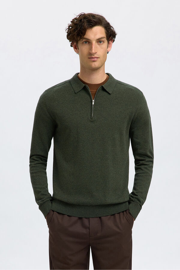 Selected Jersey polo media cremallera 100% algod&oacute;n. Verde oscuro