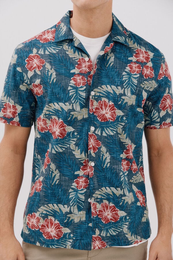 Cortefiel Camisa estampada manga curta Azul