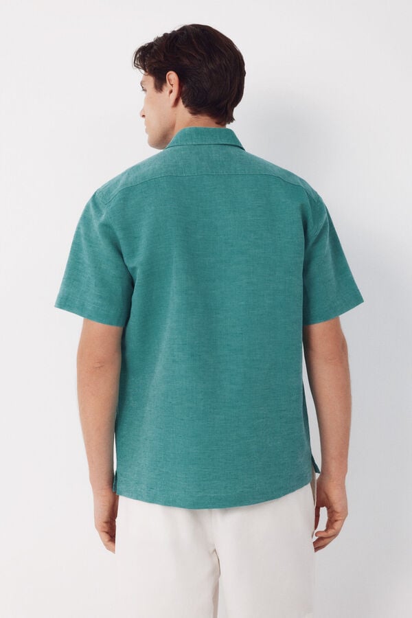 Cortefiel Camisa de algod&atilde;o e linho lisa de manga curta Verde