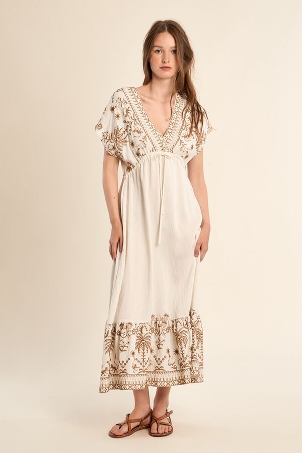 Molly Bracken Vestido comprido de manga curta com detalhes bordados Branco