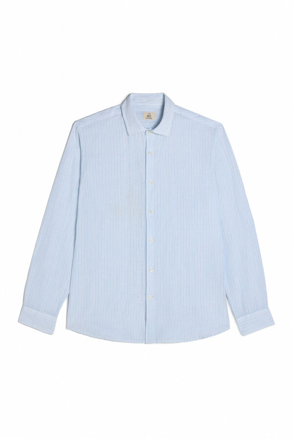 OOTO Camisa algod&atilde;o linho de raias  manga comprida Azul